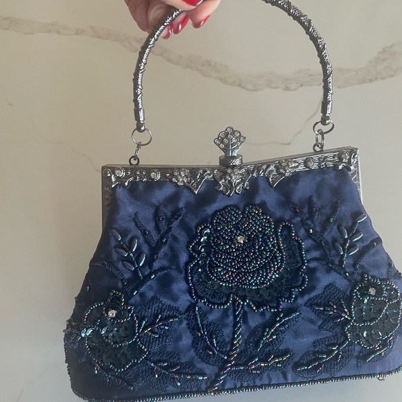 Handbags - Elegant Navy Embroidered Handbag
